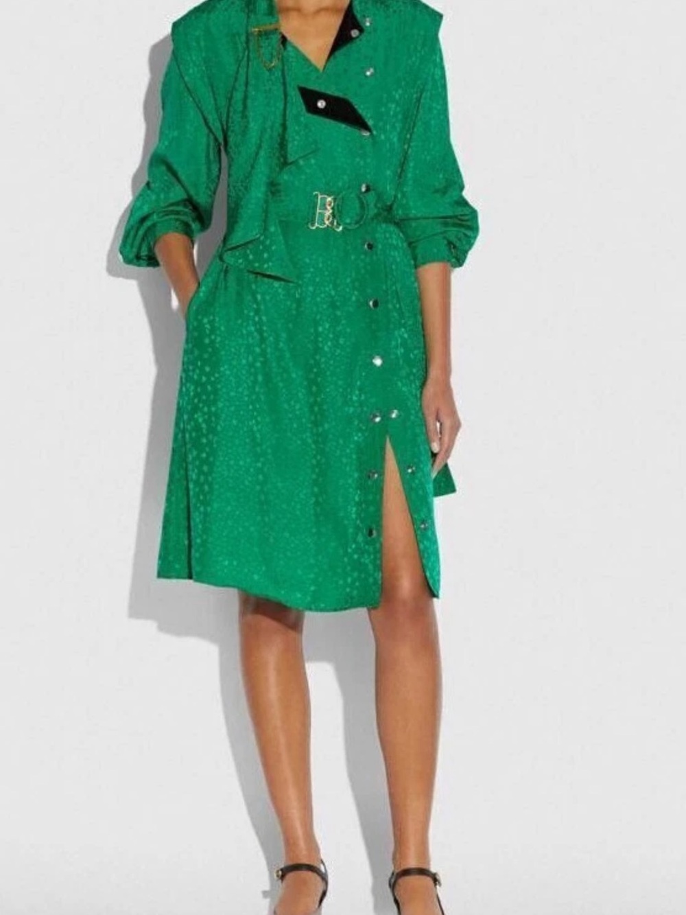 COACH 1941 Leopard Print Architectural Silk Drape Belted Dress GREEN Size 8 NWT - Picture 3 of 9